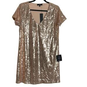 Lulus Light Up the Night Champagne Sequin Shift Dress Rose Gold Size L